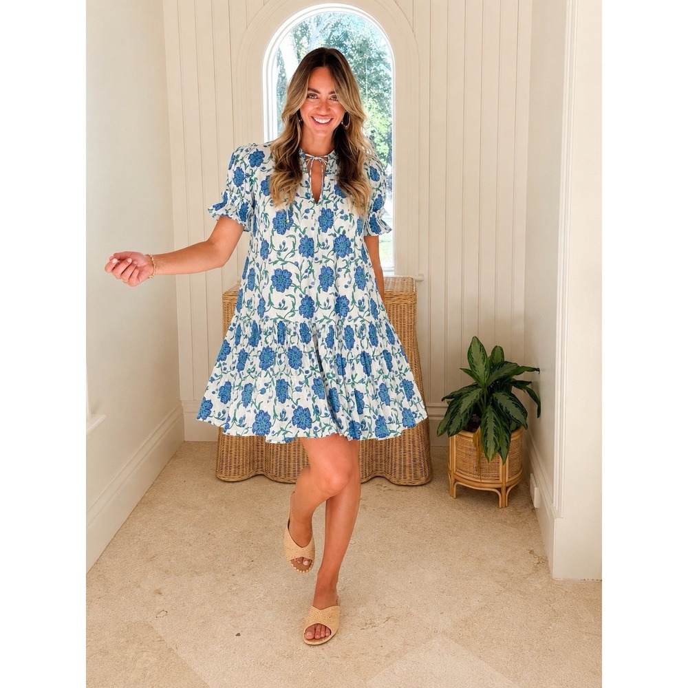 OLIPHANT Smocked Drop Mini Dress Blue Poppy‎ Floral Block Print Lined XL
